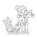 Coloring Page Outline Of cartoon girl with brother sledding.