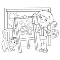 Coloring Page Outline Of cartoon girl with brush, paints and cat. Little artist at the easel drawing cute house. Coloring book for Royalty Free Stock Photo