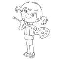 Coloring Page Outline Of cartoon girl with brush and paints. Little artist. Coloring book for kids Royalty Free Stock Photo