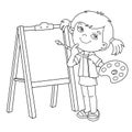Coloring Page Outline Of cartoon girl with brush and paints. Little artist at the easel. Coloring book for kids Royalty Free Stock Photo