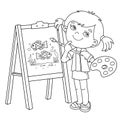 Coloring Page Outline Of cartoon girl with brush and paints. Little artist at the easel drawing color fishes. Coloring book for Royalty Free Stock Photo