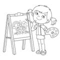 Coloring Page Outline Of cartoon girl with brush and paints. Little artist at the easel drawing fairy castle. Coloring book for Royalty Free Stock Photo