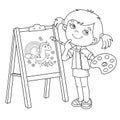 Coloring Page Outline Of cartoon girl with brush and paints. Little artist at the easel drawing magic unicorn. Coloring book for Royalty Free Stock Photo