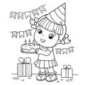 Coloring Page Outline Of a cartoon girl with a cake and with gifts at the holiday. Birthday. Coloring book for kids
