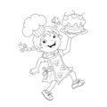 Coloring Page Outline Of cartoon Girl chef with cake