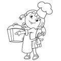 Coloring page outline of cartoon girl chef with large pot. Little cook or scullion in apron and chef hat. Profession. Coloring Royalty Free Stock Photo