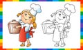 Coloring page outline of cartoon girl chef with large pot. Little cook or scullion in apron and chef hat. Profession. Coloring