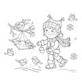 Coloring Page Outline Of cartoon girl feeding birds. Bird feeder Royalty Free Stock Photo