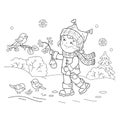 Coloring Page Outline Of cartoon girl feeding birds. Winter.