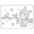 Coloring Page Outline Of cartoon girl feeding birds. Winter.