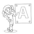 Coloring Page Outline Of a Cartoon Girl with large letter Royalty Free Stock Photo