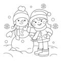 Coloring Page Outline Of cartoon girl making snowman. Winter