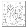 Coloring Page Outline Of cartoon girl making snowman.