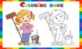 Coloring Page Outline Of cartoon girl with mop and bucket. Housework and cleaning, Coloring book for kids