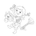 Coloring Page Outline Of cartoon Girl playing cowboy with toy ho