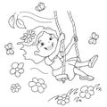 Coloring Page Outline Of cartoon girl rides on a swing. Outdoor games on playground. Summer activity. Coloring Book for kids