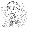 Coloring Page Outline Of cartoon girl on the roller skates. Coloring book for kids