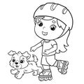 Coloring Page Outline Of cartoon girl on the roller skates with a dog. Coloring book for kids
