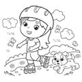 Coloring Page Outline Of cartoon girl on the roller skates with a dog. Coloring book for kids