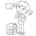 Coloring Page Outline Of cartoon girl with satchel. Little student or schooler. School. Coloring book for kids Royalty Free Stock Photo