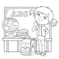 Coloring Page Outline Of cartoon girl with school supplies. Little student or schooler with globe, books and satchel. School