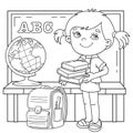 Coloring Page Outline Of cartoon girl with school supplies. Little student or schooler with globe, books and satchel. School Royalty Free Stock Photo