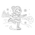 Coloring Page Outline Of cartoon girl skating. Winter sports.