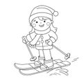 Coloring Page Outline Of cartoon girl skiing. Winter sports. Coloring book for kids.