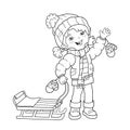 Coloring Page Outline Of cartoon girl with sled. Winter.