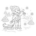 Coloring Page Outline Of cartoon girl with sled. Winter.