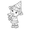 Coloring Page Outline Of cartoon girl with a teddy bear at the holiday. Birthday. Coloring book for kids Royalty Free Stock Photo