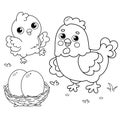 Coloring Page Outline of cartoon hen with little chick.  Chicken nest with eggs. Coloring book for kids Royalty Free Stock Photo