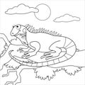 Coloring page outline of cartoon iguana on branch. Page for coloring book of funny lizard for kids. Activity colorless picture Royalty Free Stock Photo