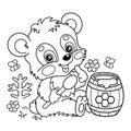 Coloring Page Outline Of cartoon little bear with barrel of honey. Coloring Book for kids