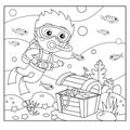 Coloring Page Outline of cartoon little boy scuba diver with chest of treasure. Marine photography or shooting. Underwater world.