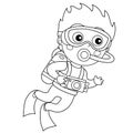 Coloring Page Outline of cartoon little boy scuba diver. Marine photography or shooting. Underwater world. Coloring Book for kids