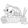 Coloring Page Outline Of cartoon little cat in basket with balls of yarn. Cute kitten. Pet. Coloring book for kids Royalty Free Stock Photo