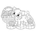 Coloring Page Outline Of cartoon little cat with basket for knitting. Cute playful kitten with balls of yarn. Pet. Coloring book Royalty Free Stock Photo