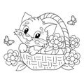 Coloring Page Outline Of cartoon little cat in flower basket. Fluffy gift. Cute kitten. Pet. Coloring book for kids