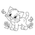 Coloring Page Outline Of cartoon little cat on flower clearing. Cute kitten with butterfly. Pet. Coloring book for kids