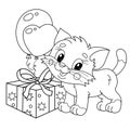 Coloring Page Outline Of cartoon little cat with presents and balloons. Cute kitten as a birthday gift. Pet. Coloring book for