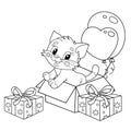 Coloring Page Outline Of cartoon little cat with presents and balloons. Cute kitten as a birthday gift. Pet. Coloring book for