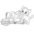 Coloring Page Outline Of cartoon little cat with school books. Cute kitten with textbook. Alphabet and reading. Coloring book for Royalty Free Stock Photo