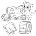 Coloring Page Outline Of cartoon little cat with school supplies. Cute kitten with satchel, books and textbooks. Alphabet and Royalty Free Stock Photo