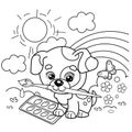 Coloring Page Outline Of cartoon little dog with brush and paints. Cute puppy artist. Summer day with rainbow. Coloring book for