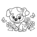 Coloring Page Outline Of cartoon little dog on flower clearing. Cute puppy with butterfly. Pet. Coloring book for kids Royalty Free Stock Photo