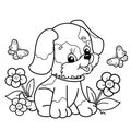 Coloring Page Outline Of cartoon little dog on flower clearing. Cute puppy with butterfly. Pet. Coloring book for kids Royalty Free Stock Photo