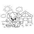 Coloring Page Outline Of cartoon little dog with dog house and bone. Cute puppy in village summer. Coloring book for kids