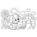 Coloring Page Outline Of cartoon little dog with dog house and bone. Cute puppy in village summer. Coloring book for kids