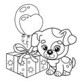 Coloring Page Outline Of cartoon little dog with presents and balloons. Cute puppy as a birthday gift. Pet. Coloring book for kids
